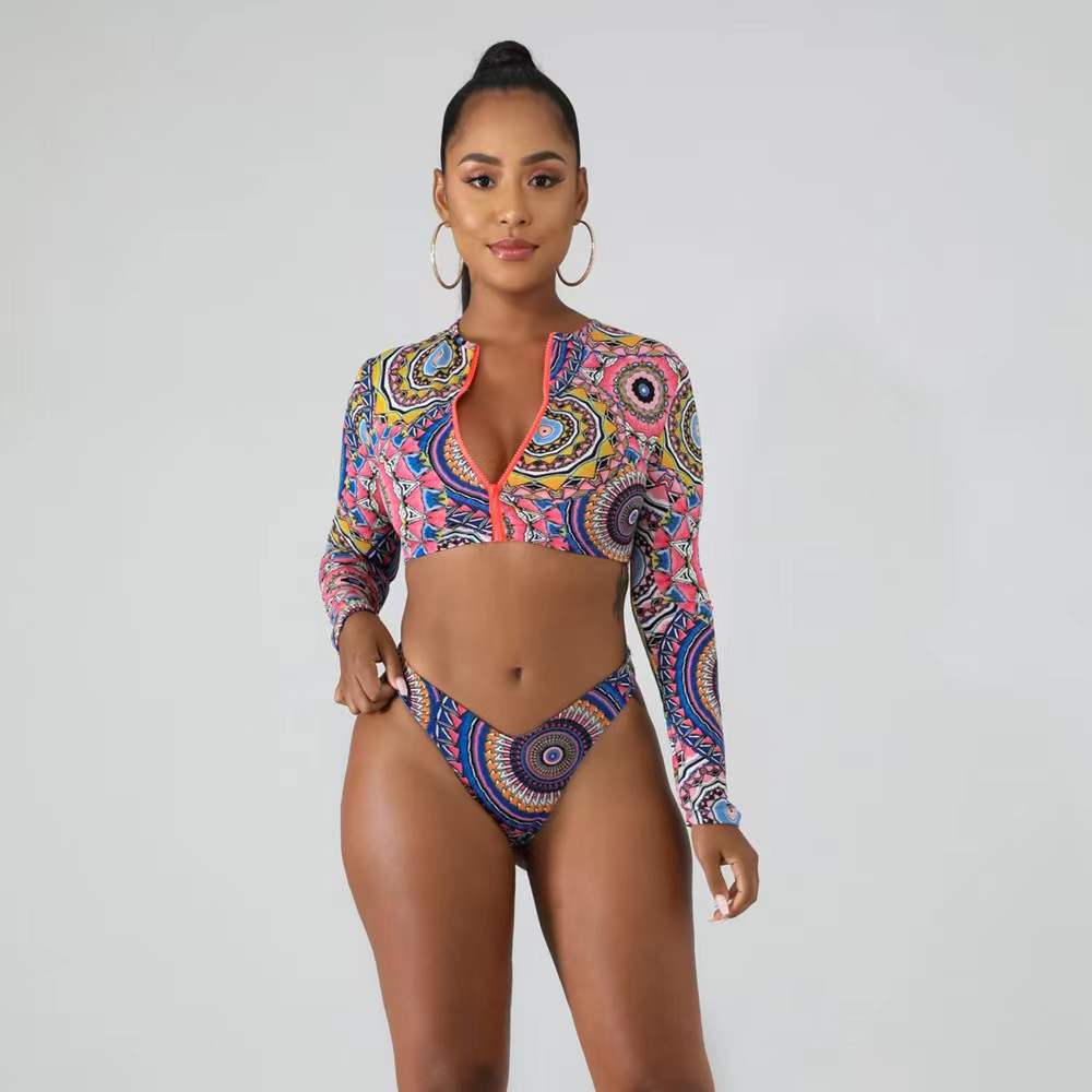 Damen Surf-Bikini-Set mit langärmeligem Oberteil und modischem Reißverschluss EB