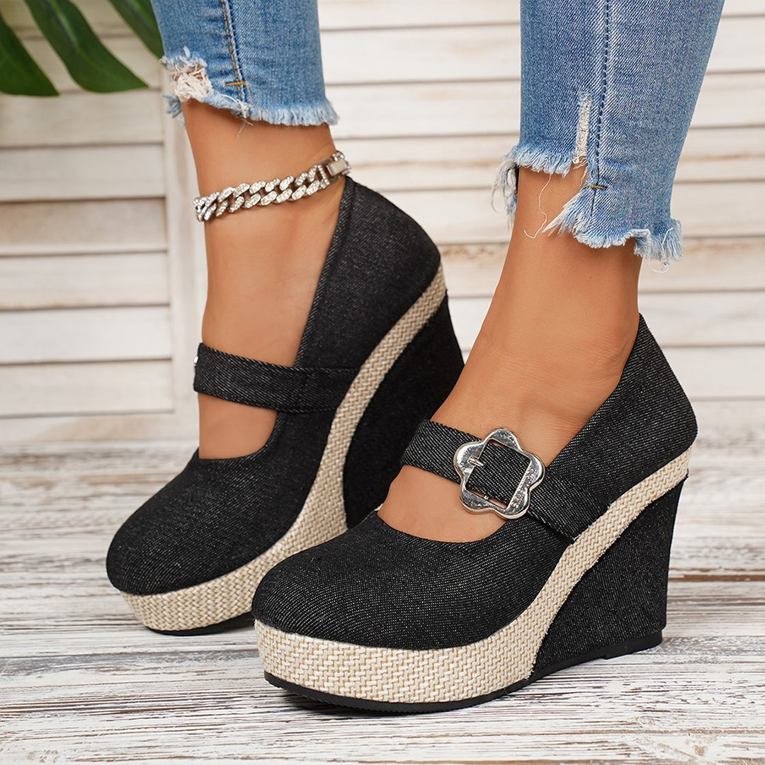 Damen Wedge-Pumps mit schnallenverziertem Fesselriemen und geflochtenem Absatz EB