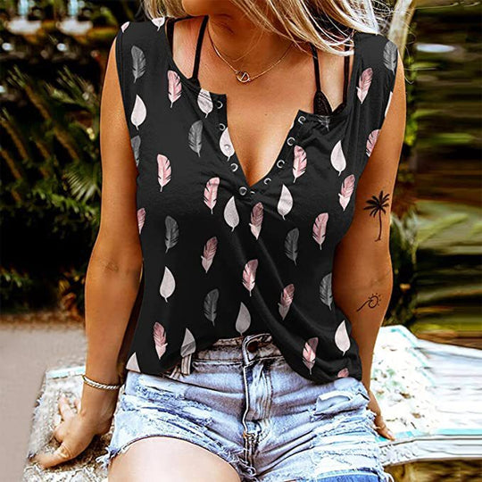 Damen Knopfleisten T-Shirt mit Federmuster EB