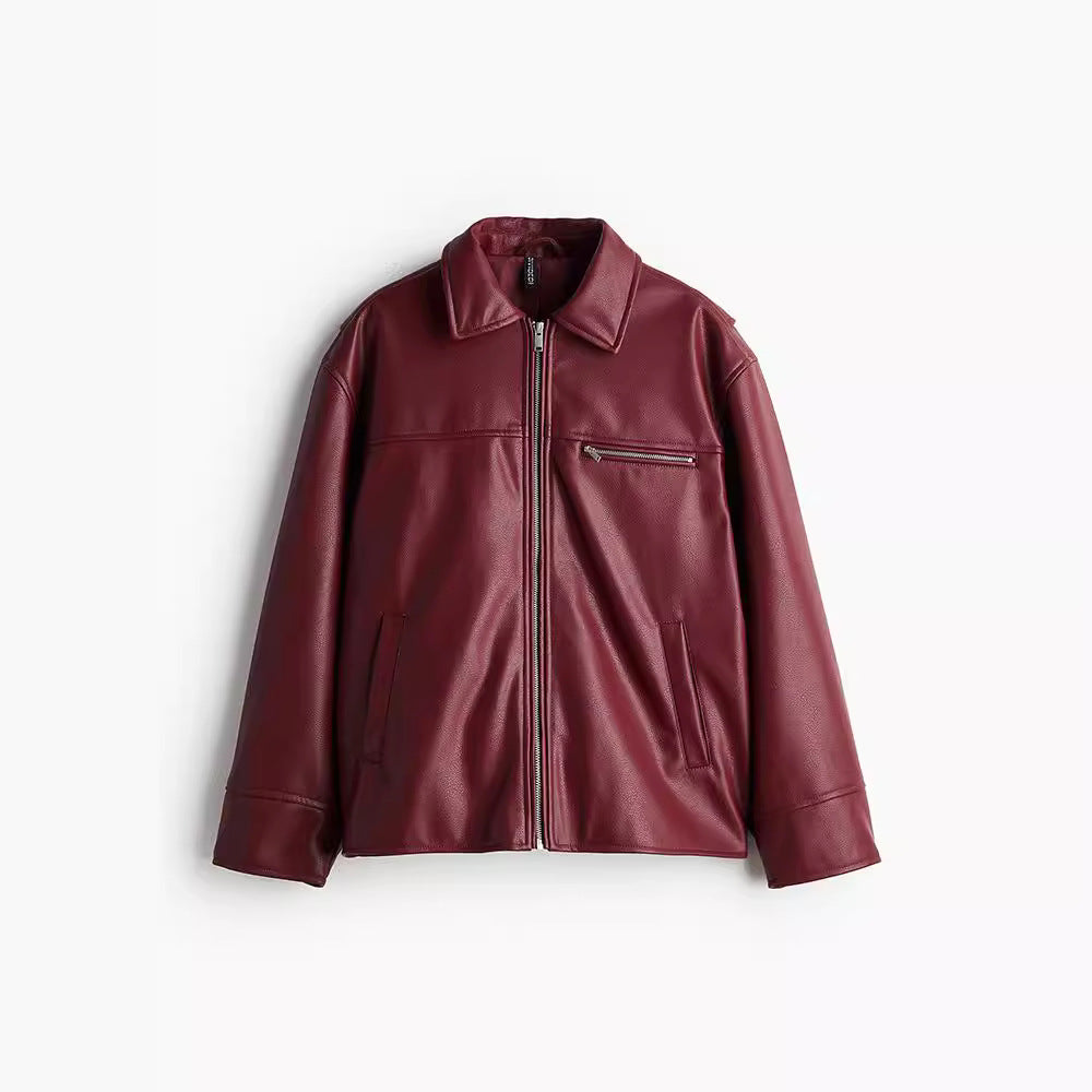 Damen modische Kunstlederjacke mit elastischem Saum und modernem Schnitt EB