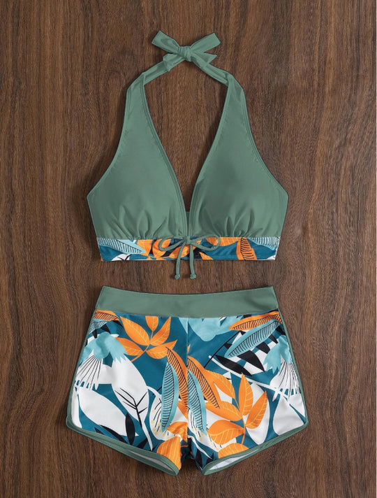 Damen Bikini-Set mit floralem Muster und herausnehmbarem Push-Up-BH EB