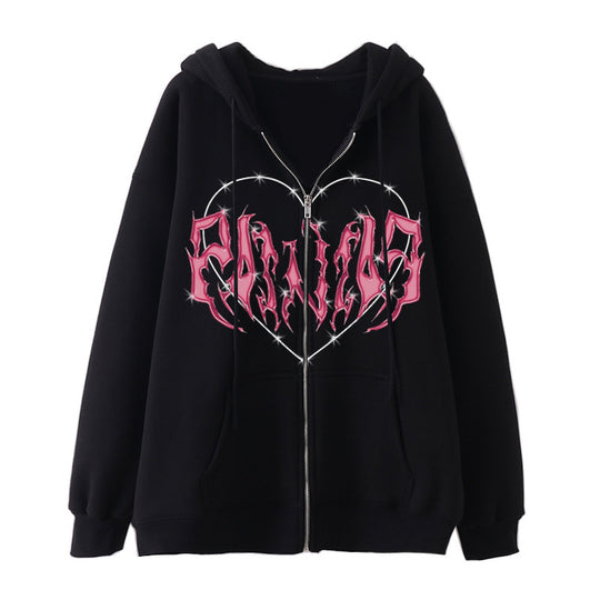 Damen nan Kapuzenjacke mit durchgehendem Reißverschluss und Rippenherz-Print EB