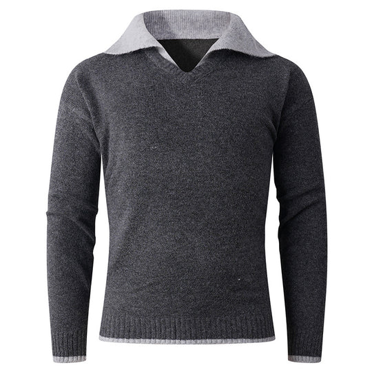 Herren V-Ausschnitt Pullover mit hochwertiger Textur und kontrastierendem Kragen EB