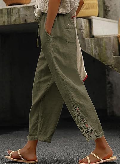 Damen luftige Leinenhose mit dekorativen Stickereien EB