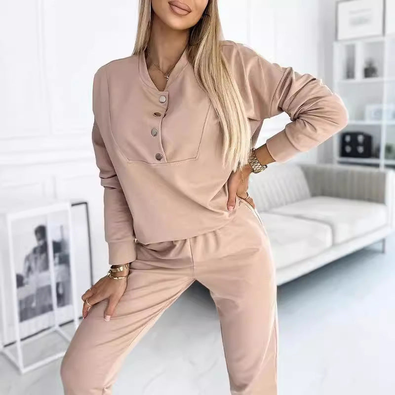 Damen Freizeitanzug mit modischen Knopfdetails und elastischem Bund EB