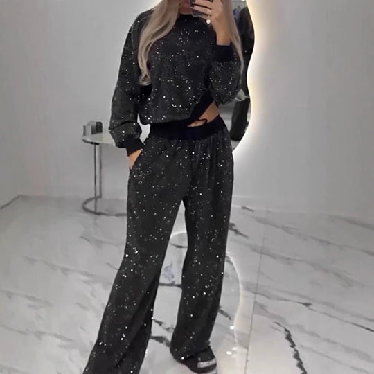 Damen Glitzerndes Freizeitset mit Cropped Sweater und bequemer Hose EB