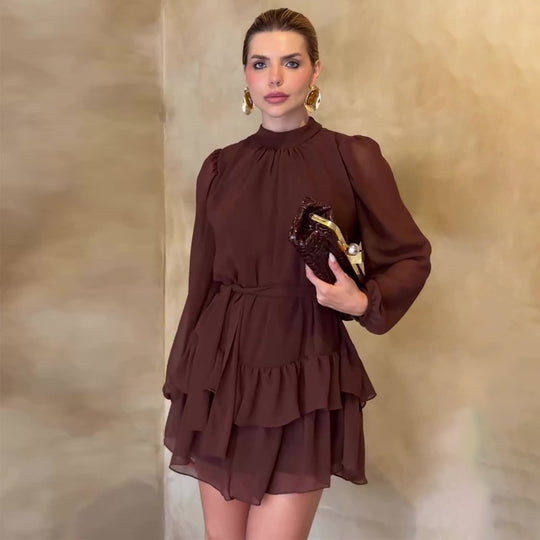 Damen Fließendes Mini-Kleid mit Rüschenvolants und elastischem Taillengürtel EB
