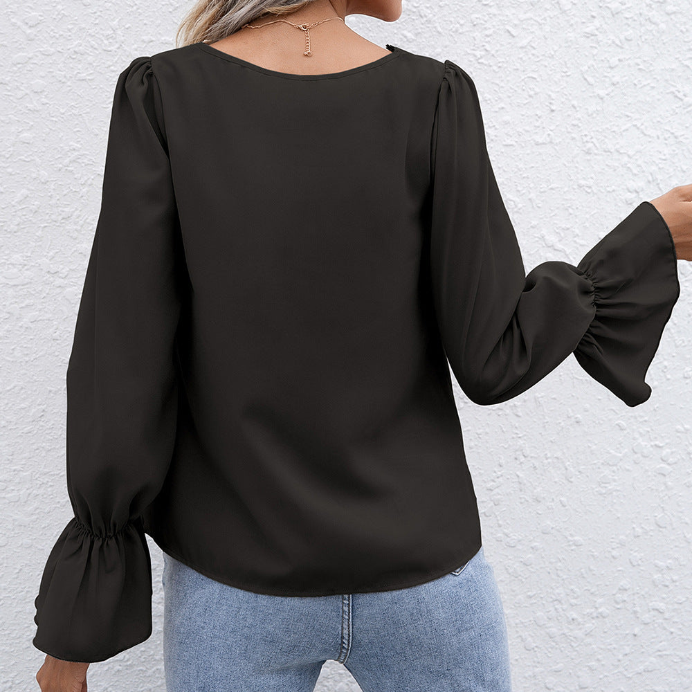 Damen elegante Bluse mit Spitzendetails und Volantärmeln EB