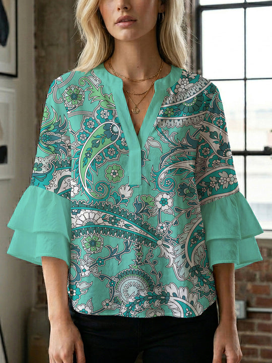 Damen elegantes Blusenshirt mit voluminösen Rüsenärmeln und grafischem Blumendesign EB