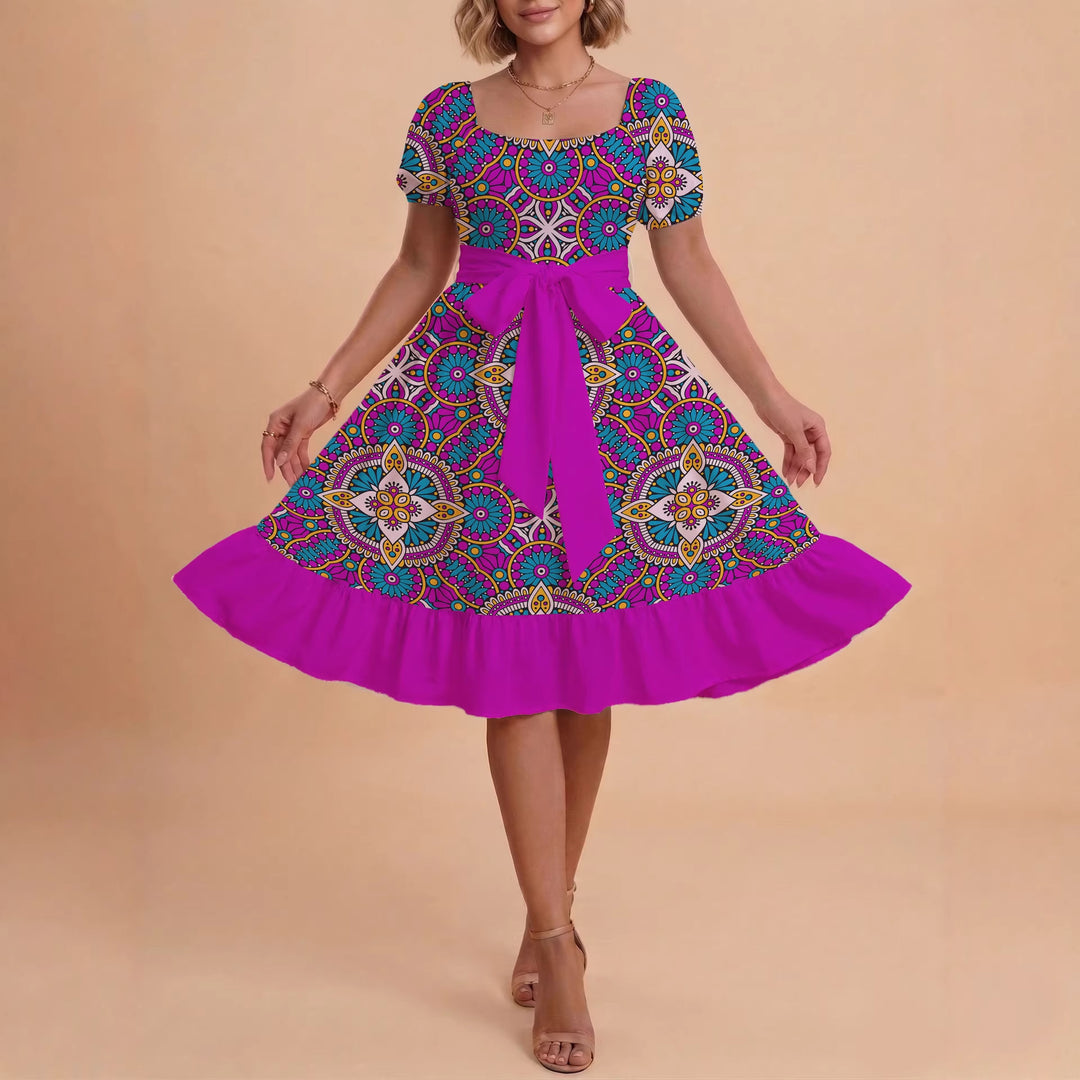 Damen elegantes Maxikleid mit floralem Design und Taillengürtel EB