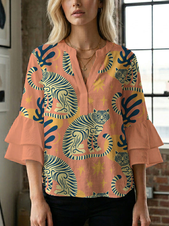 Damen elegantes Blusenshirt mit voluminösen Rüsenärmeln und grafischem Blumendesign EB