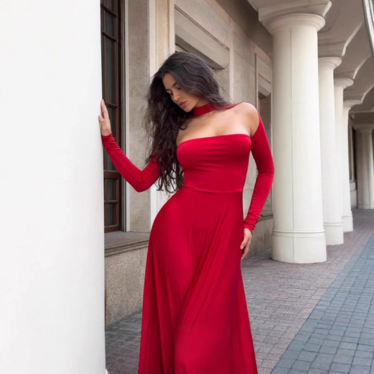Damen Off-Shoulder Maxikleid mit langen Ärmeln und elegantem Schnitt EB