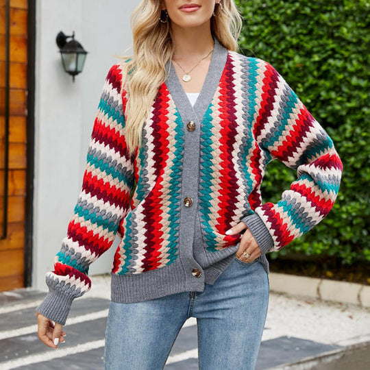 EB | Farbiger Strickcardigan mit Knopfverschluss Acryl Retro-zickzack-muster