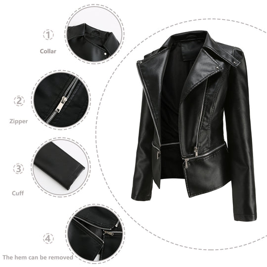 Damen nan taillierte Kunstleder-Bikerjacke mit asymmetrischem Reverskragen EB