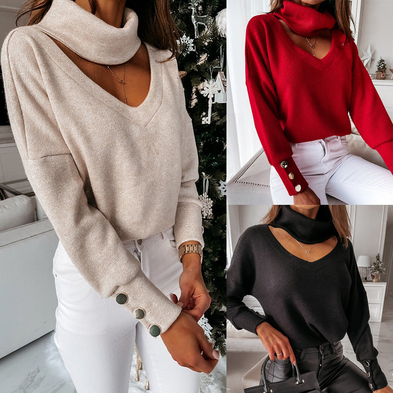 Damen Glamouröser Strickpullover mit angeschnittenem Rollkragen und schicken Knopfdetails EB