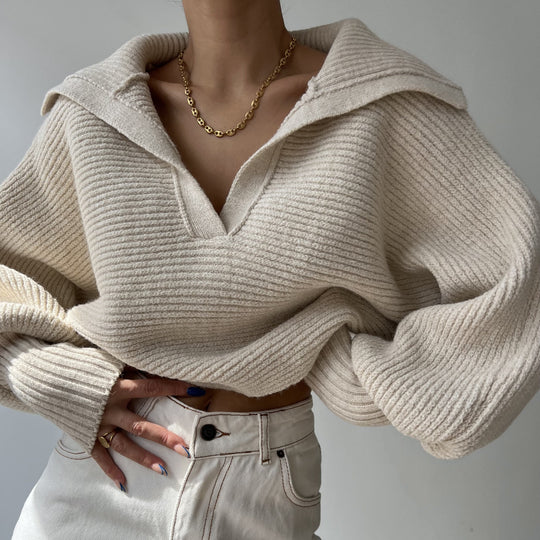 Damen nan Grobstrick-Pullover mit weitem Kragen und V-Ausschnitt EB