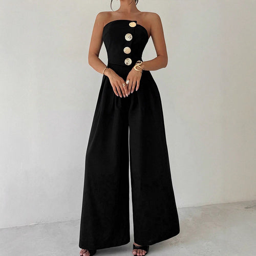 Damen Elegantes Jumpsuit mit asymmetrischem Ausschnitt und dekorativen Knöpfen EB