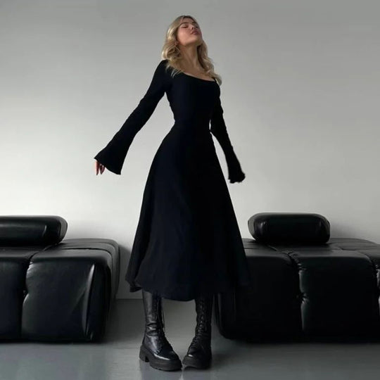 Damen elegantes Maxikleid mit tiefem V-Ausschnitt und schwingendem Rock EB