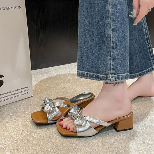 Damen elegante Mules mit zierlichen Schleifen EB