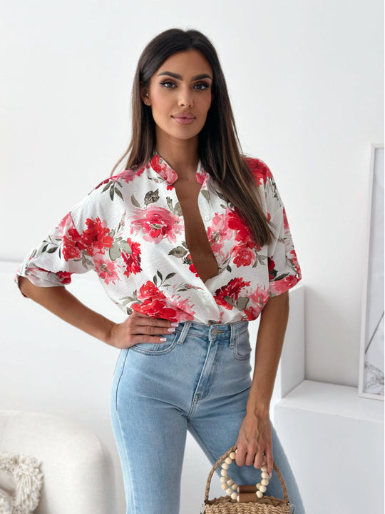 Damen Blumige Oversized Hemdbluse mit kurzen Ärmeln EB