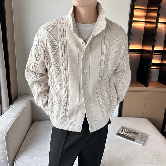 Herren Grobstrickpullover mit modernem Stehkragen und Knopfleiste EB