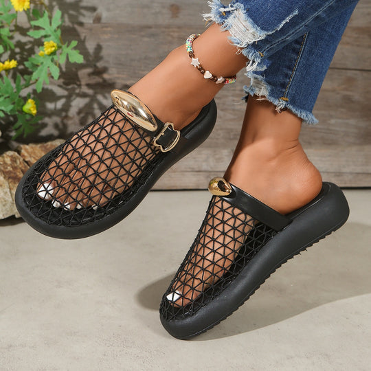 Damen Plateau-Pantoletten mit Netzdesign und Glitzerakzenten EB