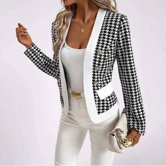 Damen Moderne Blazerjacke mit Hahnentrittmuster und eleganten Knöpfen EB