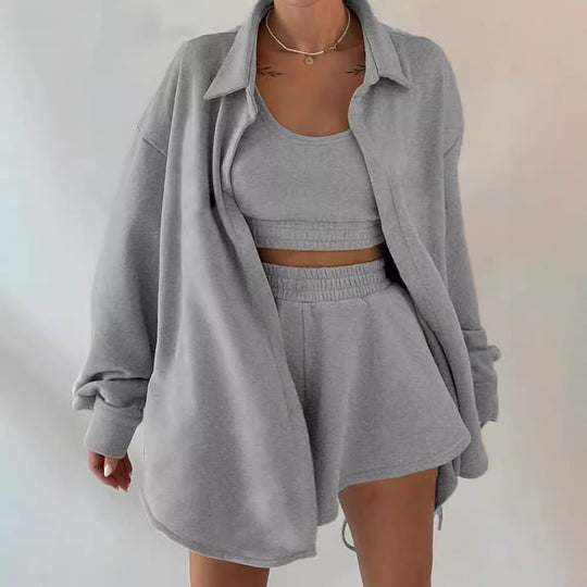 Damen lässiges Sweat-Outfit mit oversize Jacke und Shorts EB