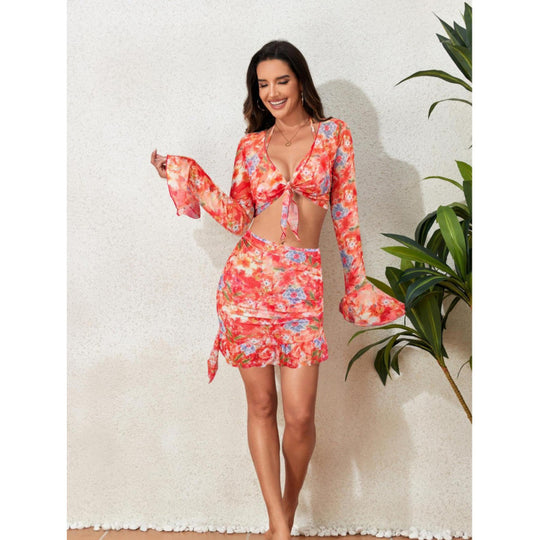 Damen Strandkleid-Set mit schickem Wickeldesign und floralen Applikationen EB
