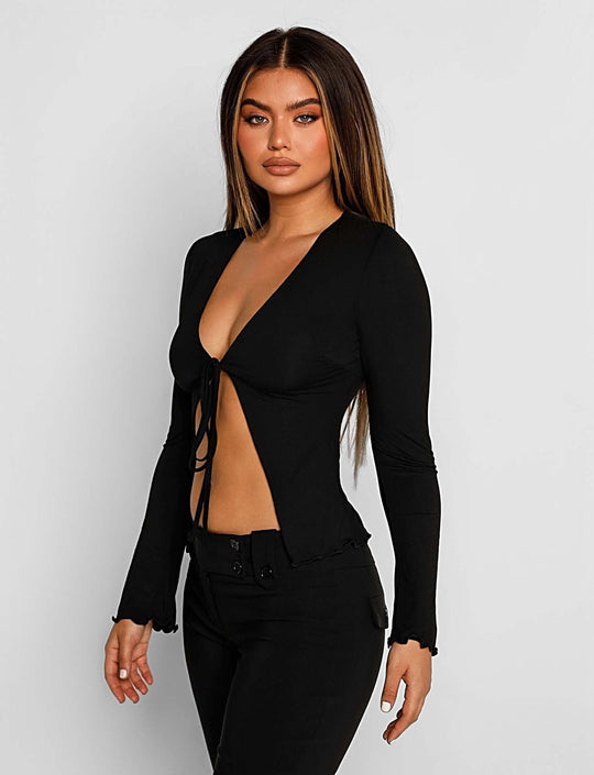 Damen langärmliges Oberteil mit tiefem V-Ausschnitt und floralem Design EB