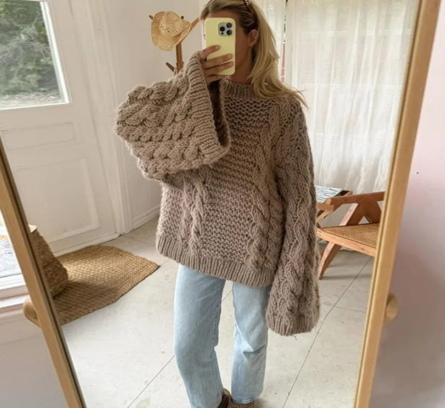 Damen oversize Strickpullover mit Zopfstrickmuster EB