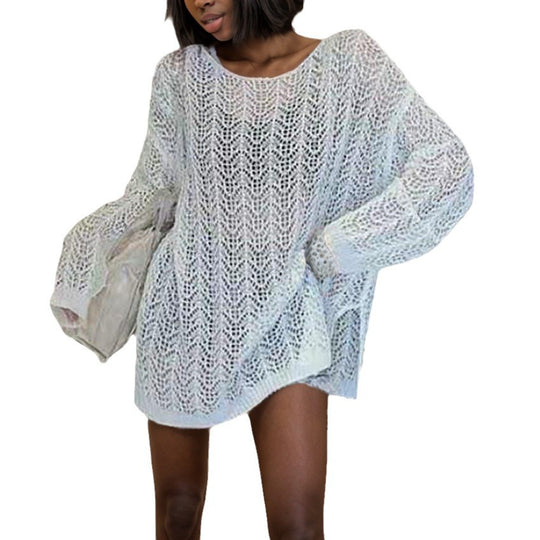 Damen luftiger Strickpullover mit elegantem Lochmuster EB