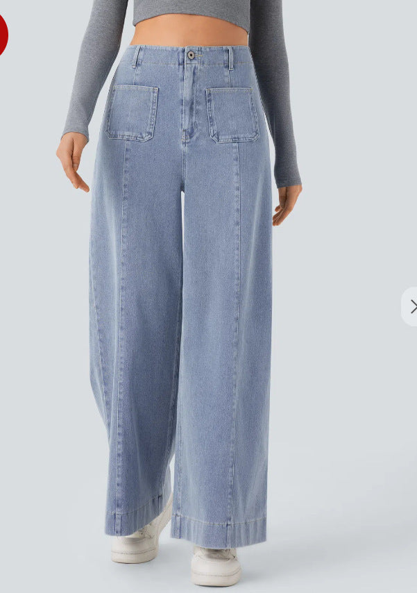 Damen Weitgeschnittene Denim-Hose mit hohen Bund und großen Taschen EB