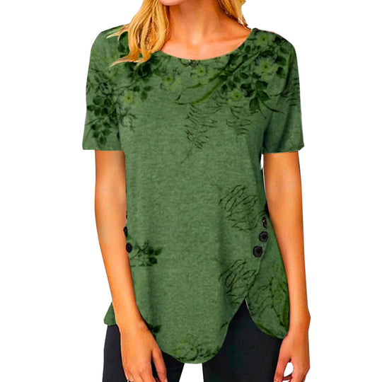 Damen lässiges T-Shirt mit dekorativem Floraldesign und asymmetrischem Saum EB