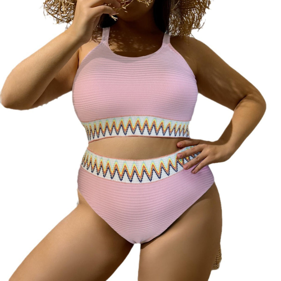 Damen Sportlicher Zweiteiliger Badeanzug mit einzigartigem Cut-Out-Design und buntem Bannermuster EB
