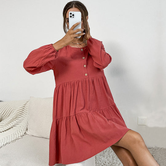 Damen Freizeitkleid mit Knopfdetails und voluminösem Rock EB