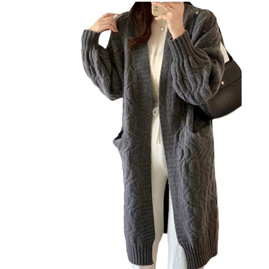 Damen Langer Strickcardigan mit voluminösen Ärmeln und praktischen Taschen EB