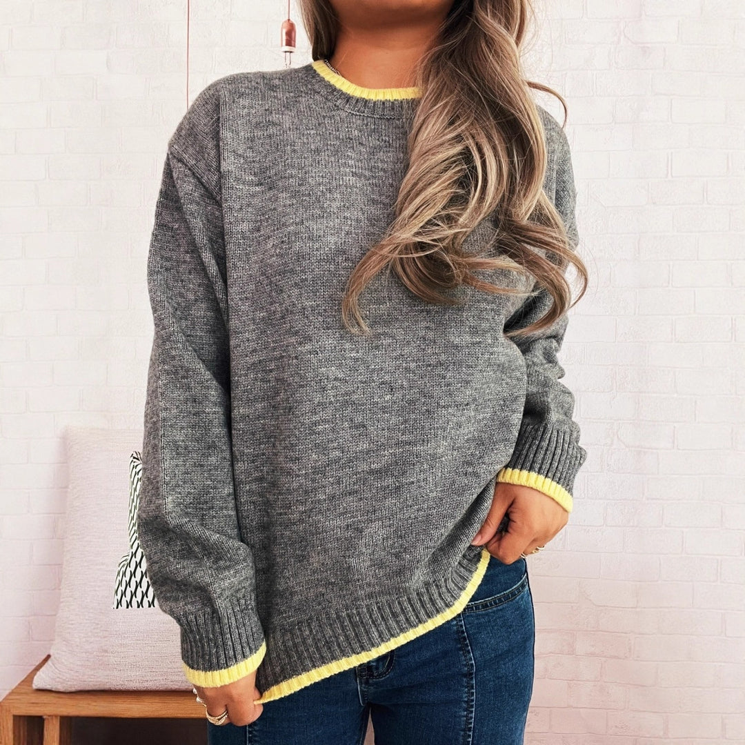 Damen gemütlicher Strickpullover mit kontrastierenden Bündchen und lässigem Schnitt EB