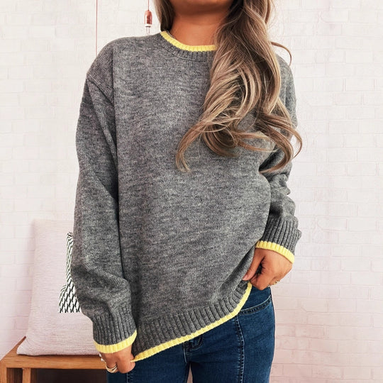 Damen gemütlicher Strickpullover mit kontrastierenden Bündchen und lässigem Schnitt EB