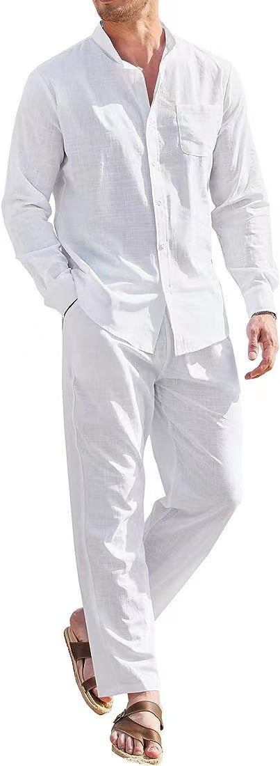 Herren lässiges Leinenanzugset mit offenem Kragen und seitlichen Taschen EB