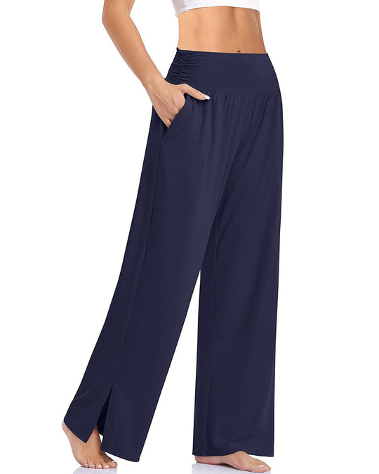 Damen nan weite Yogahose mit hohem Komfortbund, seitlichen Eingrifftaschen und seitlichem Bein-Schlitz EB