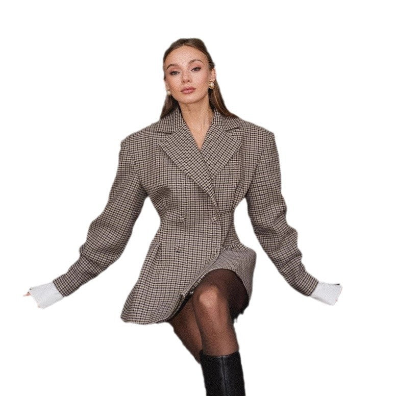 Damen Eleganter Karoblazer mit doppelter Knopfleiste EB