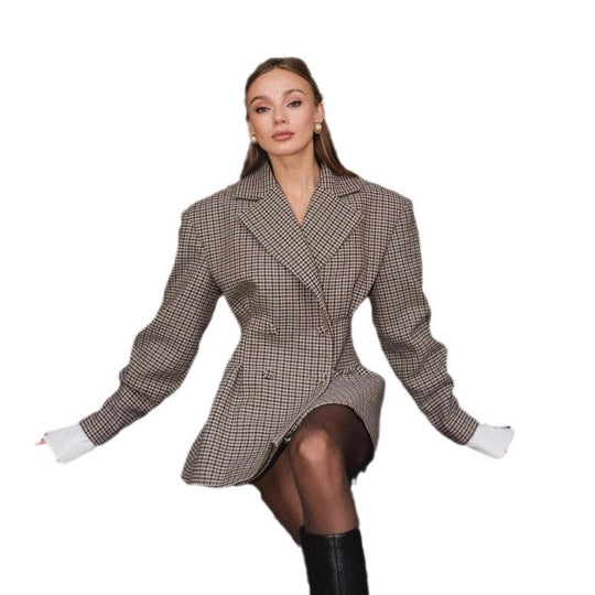 Damen Eleganter Karoblazer mit doppelter Knopfleiste EB