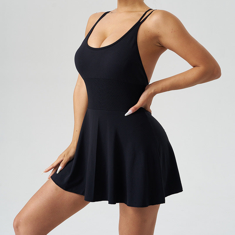 Damen Trägersommerkleid mit körperbetontem Oberteil und fließendem Rock EB