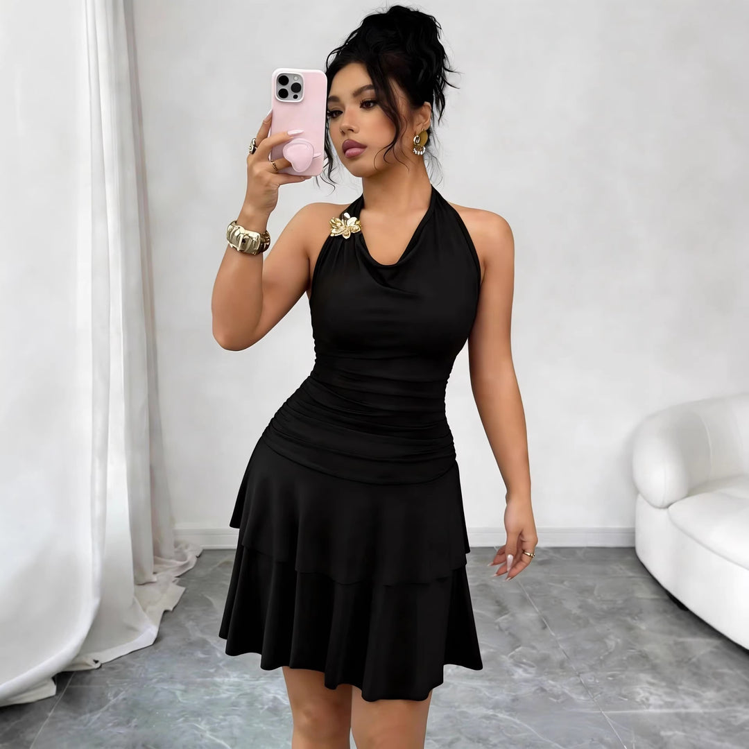 Damen nan Halter-Midikleid mit Wasserfall-Ausschnitt, taillierter Raffung und stufenweisem Volantrock EB
