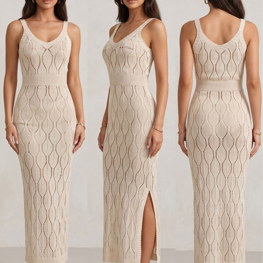 Damen elegantes Strick-Maxikleid mit seitlichen Schlitzen EB