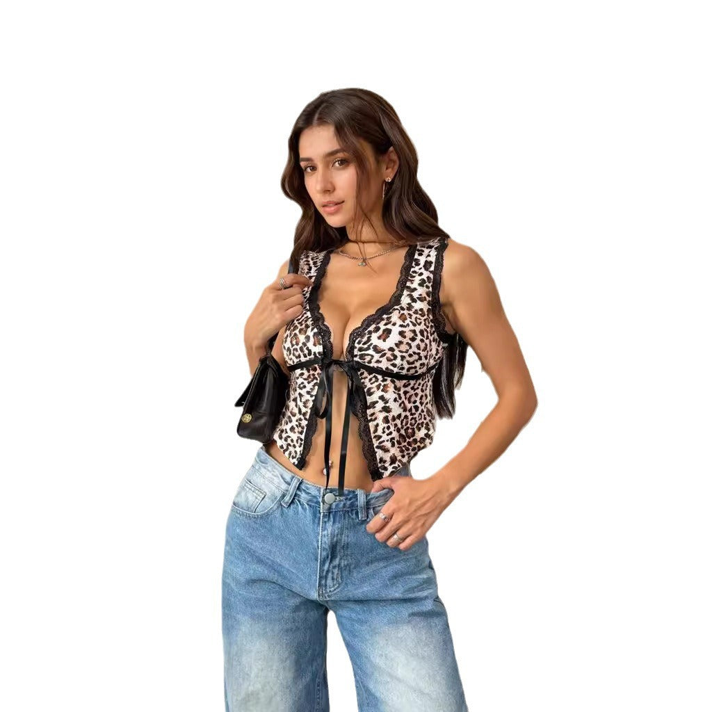Damen Sexy Animal-Print Oberteil mit Spitzenakzenten und Schleifenbindung EB