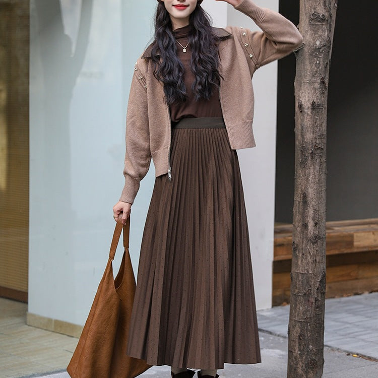 Damen  eleganter Falten-Maxirock mit dezentem Glitzer-Finish und elastischem Komfortbund EB