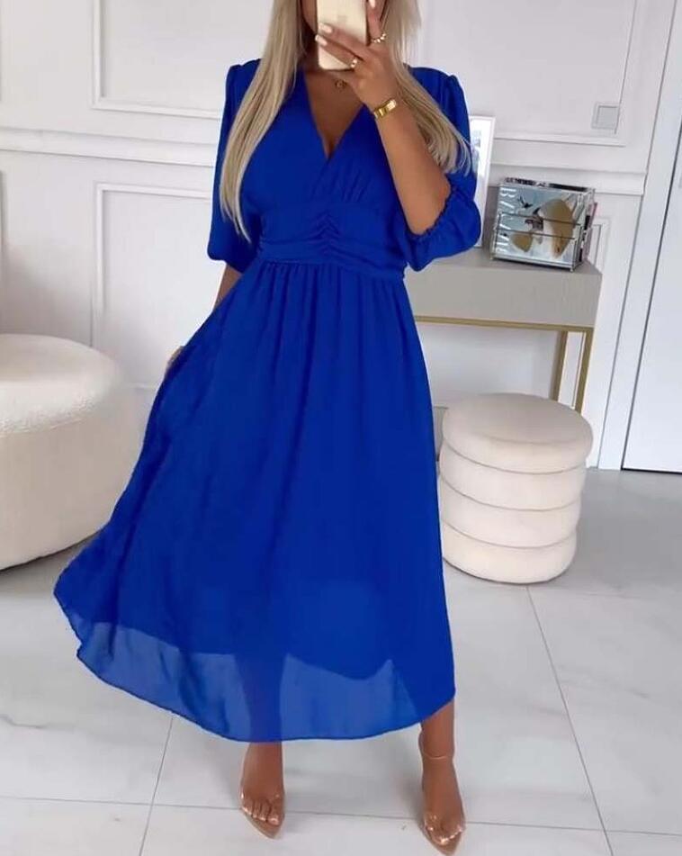 Damen Midikleid mit raffiniertem V-Ausschnitt und Puffärmeln EB