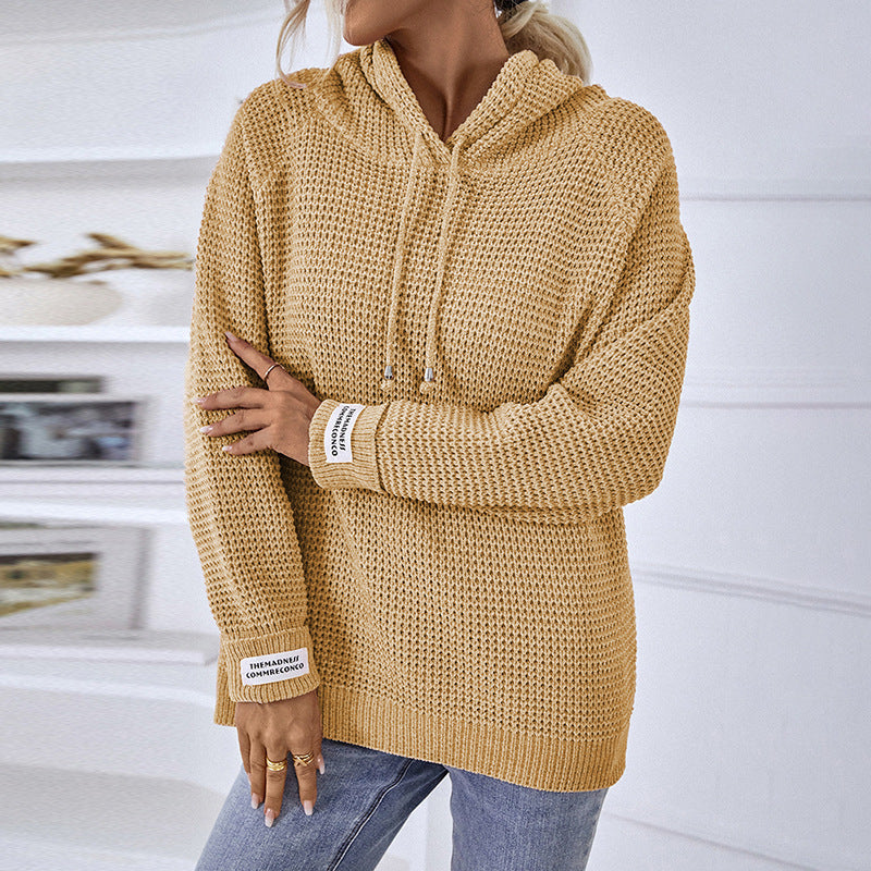 Damen bequemer Kapuzenpullover mit strukturiertem Strickmuster und seitlichen Schlitzen EB